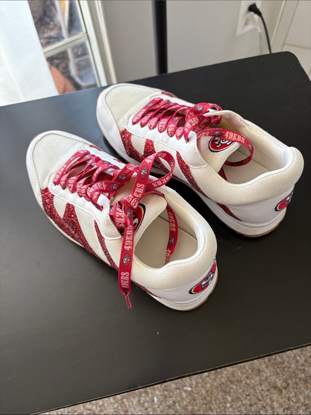 White & Red Team Glitter Sneakers with Logo Laces 49ers